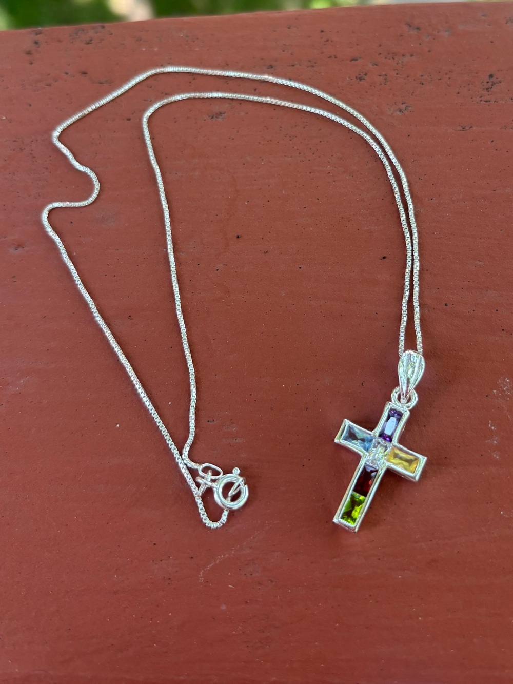 Vintage 925 Italy Sterling Silver Multi Gem Cross Pendant 18 Inch Chain Necklace